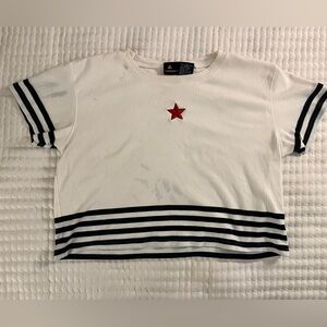 White and Navy Striped Tee with Red Embroidered Star